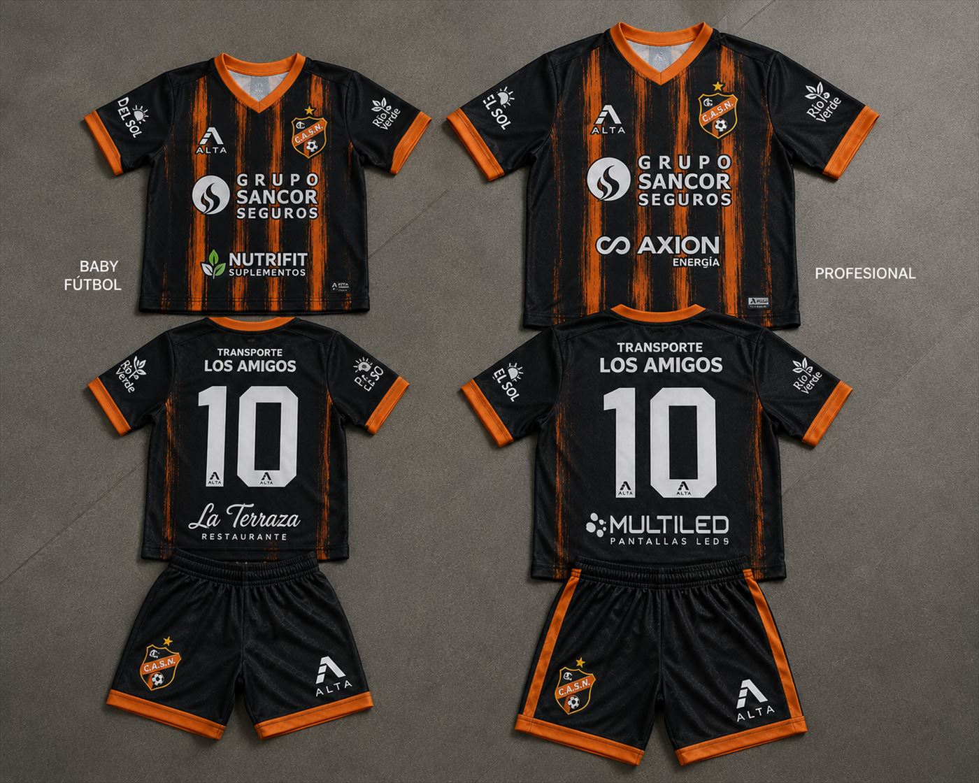 Camisetas de fútbol negras y naranjas, versión infantil y adulta, con números y sponsors